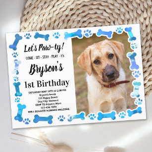 Custom Hund Birthday Blue Paw Print Puppy Pet Foto Einladung