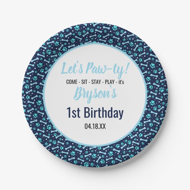 Custom Hund Birthday Blue Paw Print Puppy Pet Pappteller (Vorderseite)