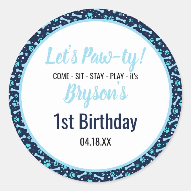 Custom Hund Birthday Blue Paw Print Puppy Pet Runder Aufkleber (Vorderseite)
