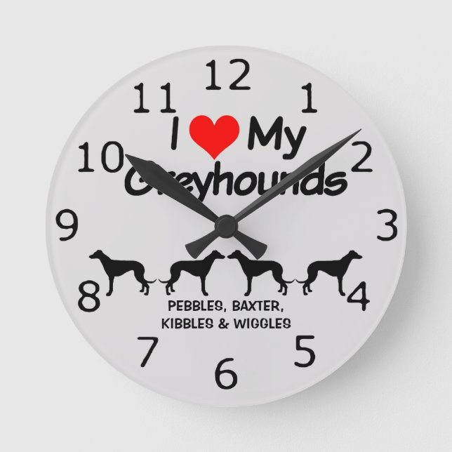 CUSTOM I Liebe meine vier Windhunde Hunde Runde Wanduhr (Vorderseite)