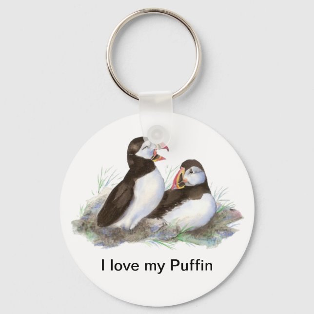 Custom "I Liebe my Puffin", Niedliche Aquarellpuff Schlüsselanhänger (Vorderseite)
