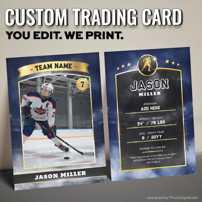Custom Ice Hockey Trading Card Blue Gold Stadium Telefonnummerkarte (Custom Trading Card, Editable Ice Hockey Trading Card, Modern Blue Gold Stadium Design)