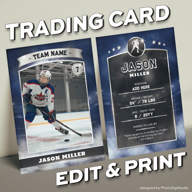 Custom Ice Hockey Trading Card Blue Silver Stadium Telefonnummerkarte (Custom Trading Card, Editable Ice Hockey Trading Card, Modern Blue Silver Stadium Design)