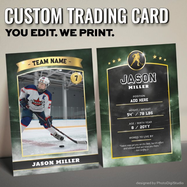 Custom Ice Hockey Trading Card Green Gold Stadium Telefonnummerkarte (Custom Trading Card, Editable Ice Hockey Trading Card, Modern Green Gold Stadium Design)