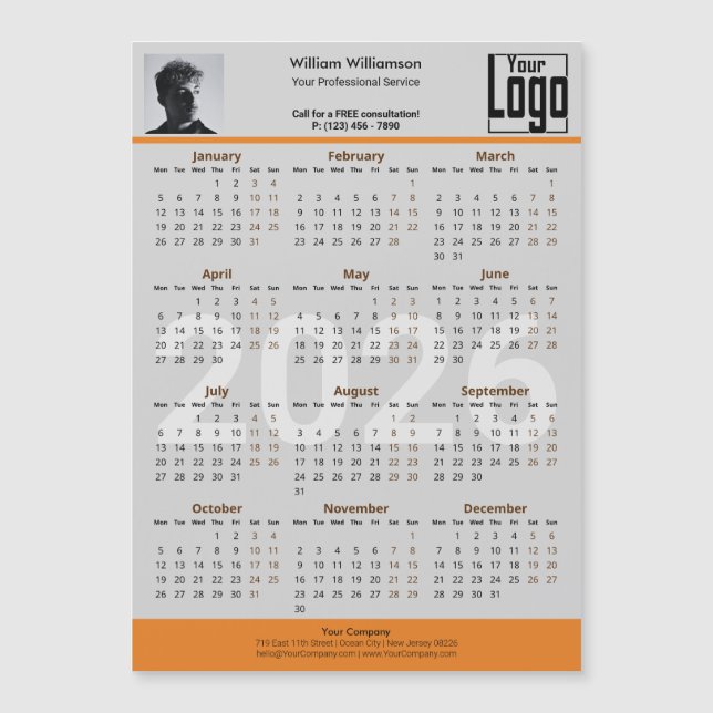 Custom Image Logo Gray Orange 2026 Calendar Magnet (Vorderseite)