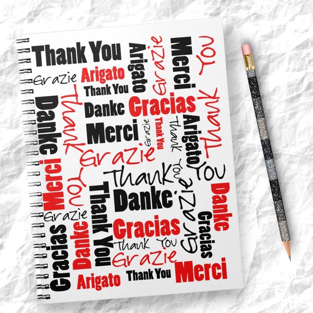 Custom Image Red Black Danke Word Cloud Notizblock (multilingual typography front notebook cover)