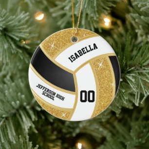 Custom Imitats Gold Glitzer, White & Black Volleyb Keramik Ornament
