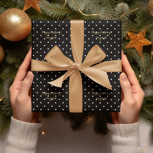 Custom Imitats Gold Script Black und White Polka D Geschenkpapier (Custom Faux Gold Script Black and White Polka Dot Wrapping Paper)