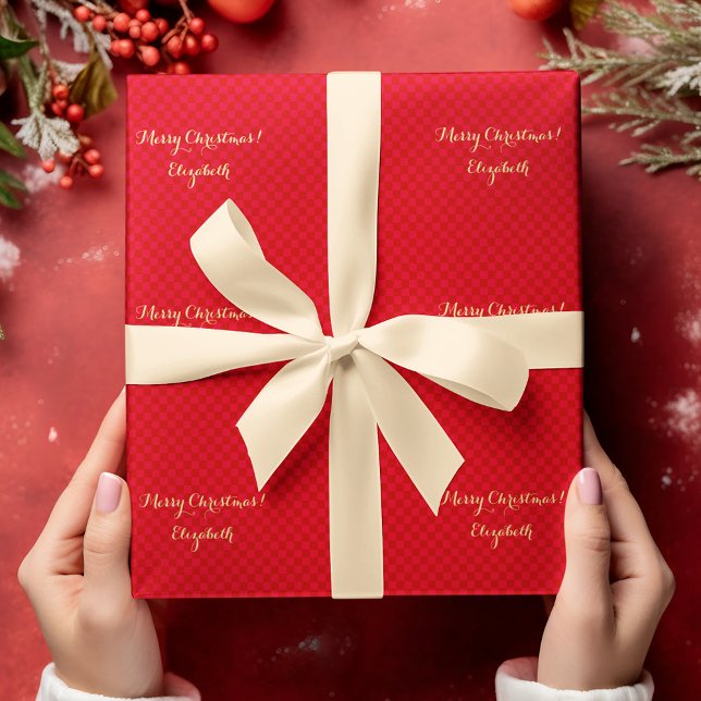Custom Imitats Gold Script Frohe Weihnachts Rote K Geschenkpapier (Custom Faux Gold Script Merry Christmas Red Checks Wrapping Paper)