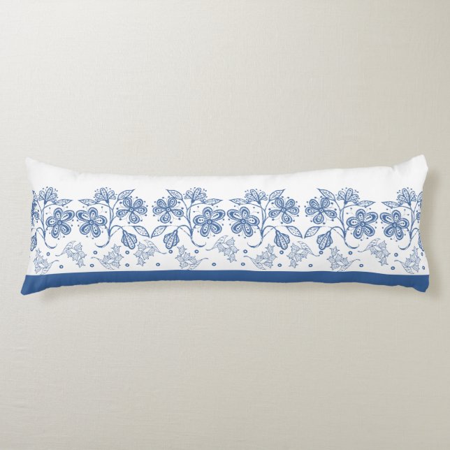 Custom Indigo Blue Floral Border Body Pillow Seitenschläferkissen (Vorderseite)