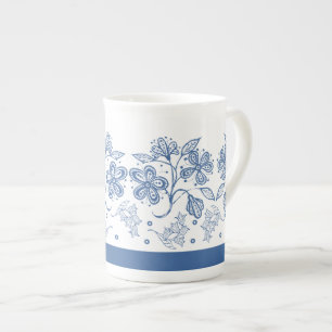 Custom Indigo Blue Floral Border Bone China Tasse