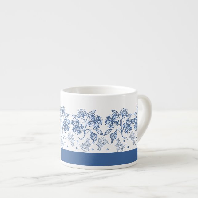 Custom Indigo Blue Floral Border Espresso Tasse (Vorderseite Rechts)
