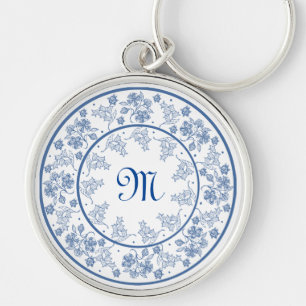 Custom Indigo Blue Floral Border Round Schlüsselan Schlüsselanhänger