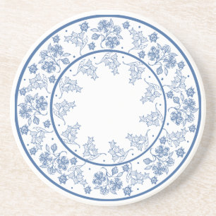 Custom Indigo Blue Floral Border Sandstone Unterse Getränkeuntersetzer