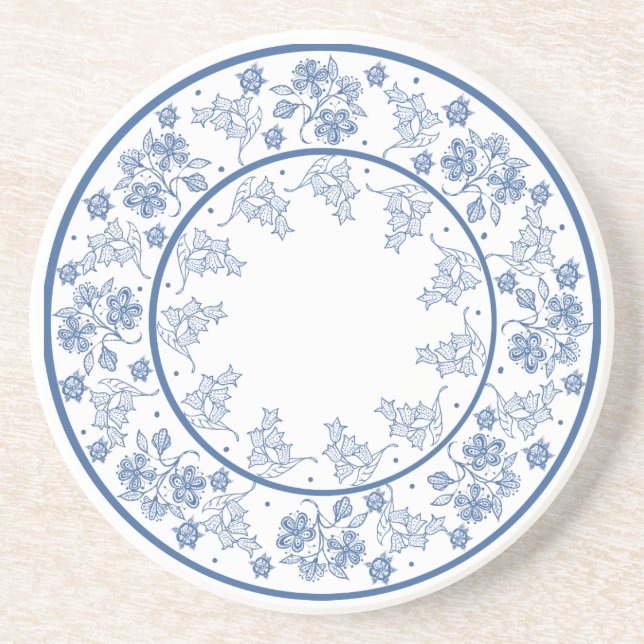 Custom Indigo Blue Floral Border Sandstone Unterse Getränkeuntersetzer (Vorne)