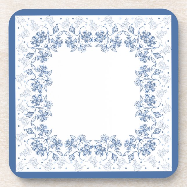 Custom Indigo Blue Floral Border Square Untersetze Getränkeuntersetzer (Vorderseite)