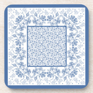 Custom Indigo Blue Floral Border Square Untersetze Untersetzer