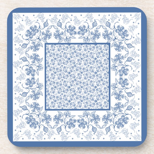 Custom Indigo Blue Floral Border Square Untersetze Untersetzer (Vorderseite)