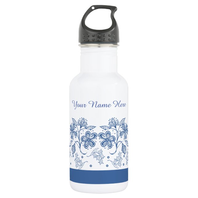Custom Indigo Blue Floral Border Water Flasche Edelstahlflasche (Vorderseite)