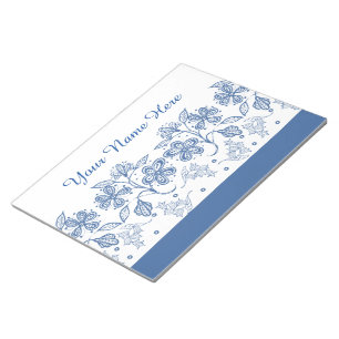 Custom Indigo Blue on White Floral Border NotePad Notizblock