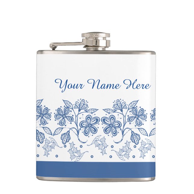 Custom Indigo Blue, White Floral Border Flask Flachmann (Vorderseite)