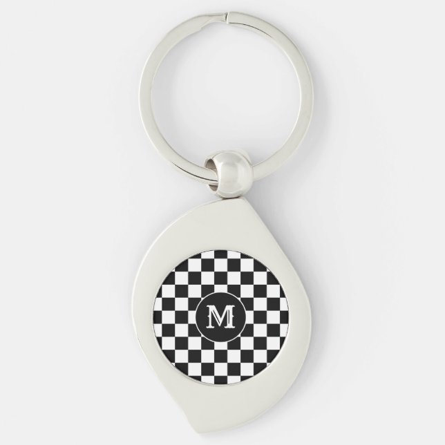 Custom Initial, Black White Checkered Keychain Schlüsselanhänger (Vorderseite)