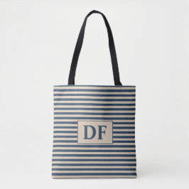 Custom Initial Blue/Vanilla Stripes Tote Beutel