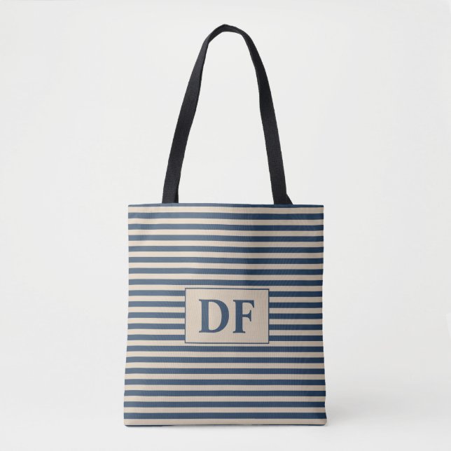 Custom Initial Blue/Vanilla Stripes Tote Beutel (Vorderseite)
