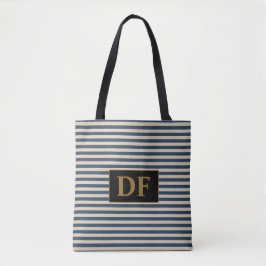 Custom Initial Blue/Vanilla Stripes Tote Beutel