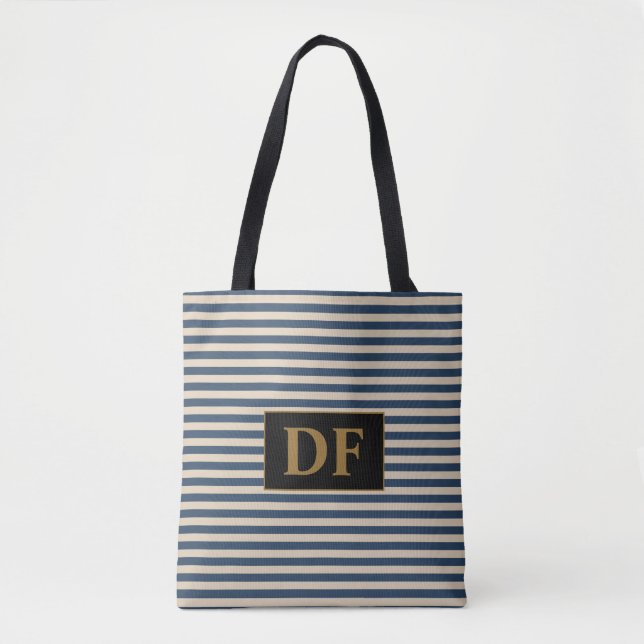 Custom Initial Blue/Vanilla Stripes Tote Beutel (Vorderseite)