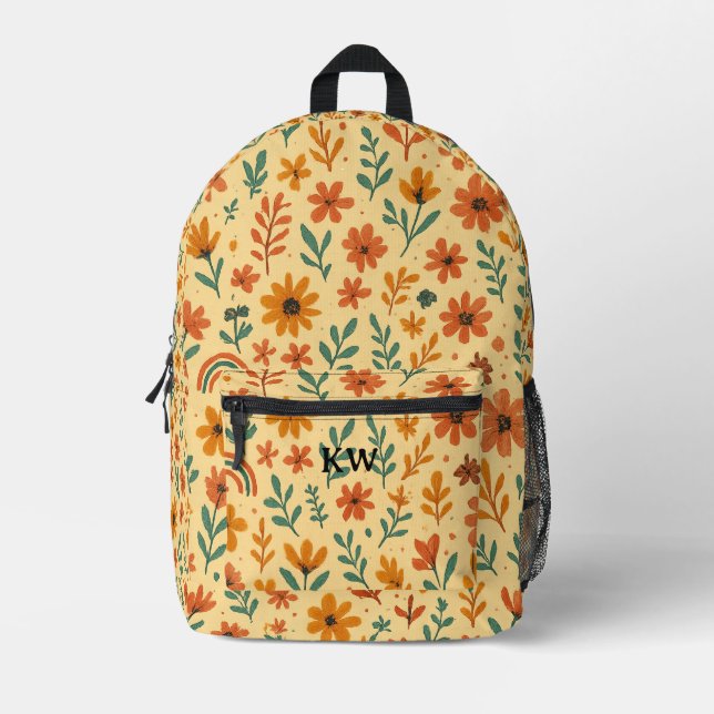 Custom Initial Boho Floral Bedruckter Rucksack (Vorderseite)