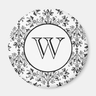 Custom Initial Daisy Damask Floral Art in Black Magnet