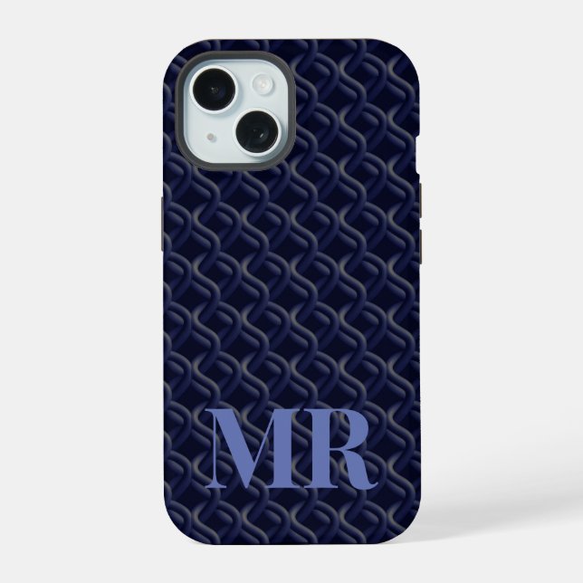 Custom Initial Large Modern Blue Lattice Rubber iPhone 15 Hülle (Rückseite)