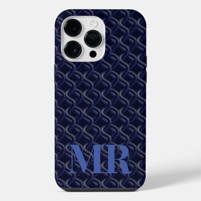 Custom Initial Large Modern Blue Lattice Rubber iPhone Hülle (Rückseite)