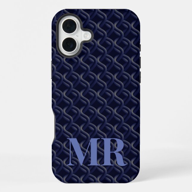 Custom Initial Large Modern Blue Lattice Rubber iPhone Hülle (Rückseite)