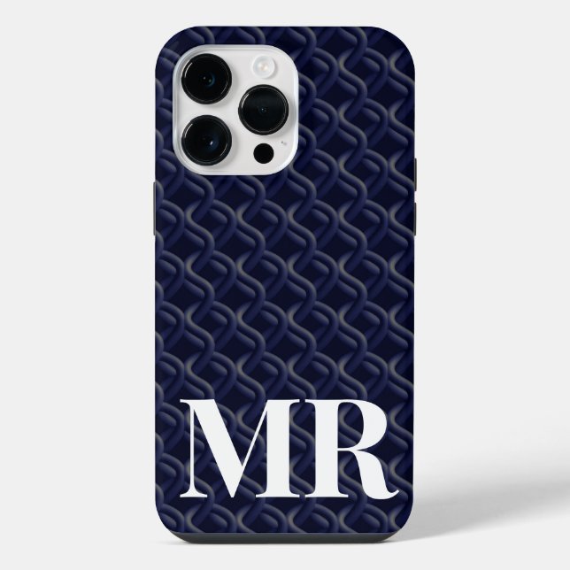 Custom Initial Large Modern Blue Lattice Rubber iPhone Hülle (Rückseite)