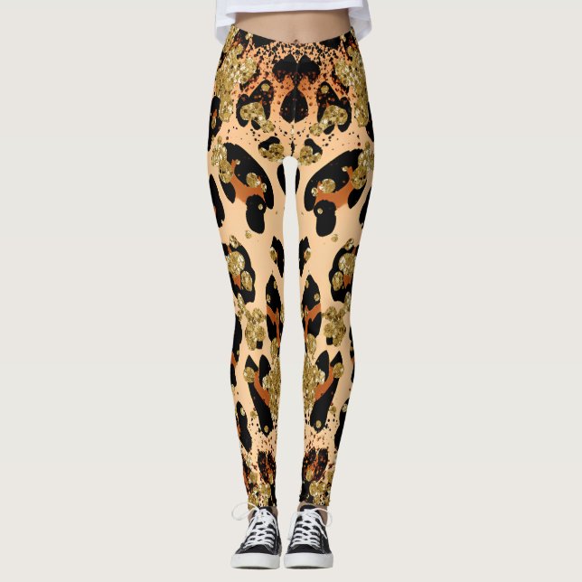 Custom Initial Stylish Gold Leopard High Waisted Leggings (Vorderseite)