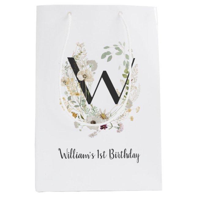 Custom Initial W With Soft colour Wild flowers Mittlere Geschenktüte (Vorderseite)