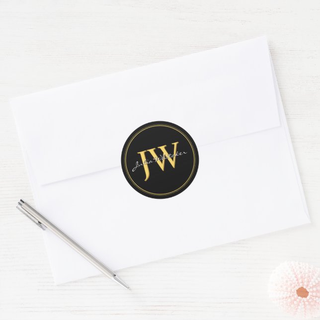Custom Initials Black Gold Runder Aufkleber (Umschlag)