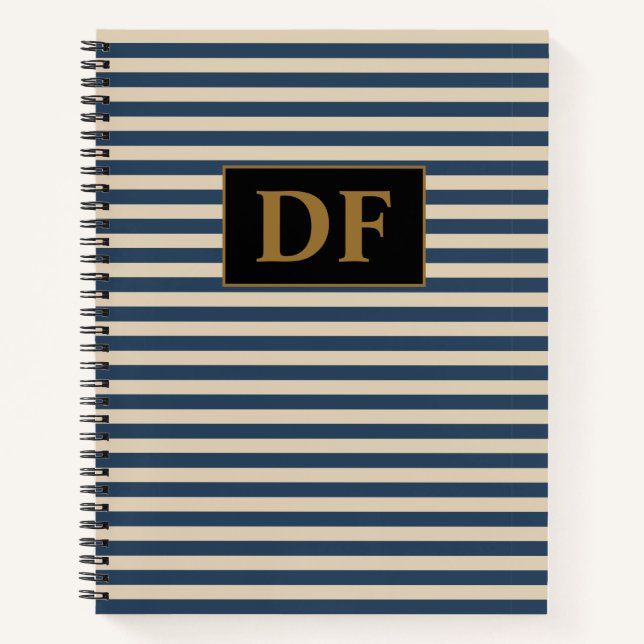 Custom Initials Blue/Vanilla Stripes Notebook Notizbuch (Vorderseite)