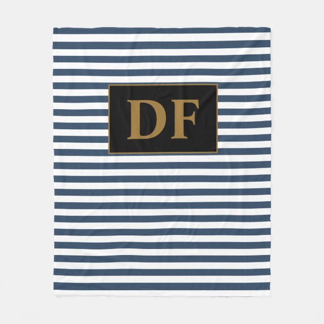 Custom Initials Blue/White Stripes Fleece Blanket (Vorderseite)