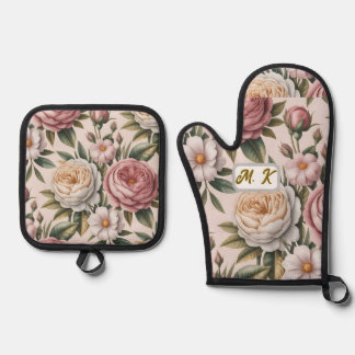 Custom initials chic vintage roses cottagecore  ofenhandschuh & Topflappen-Set