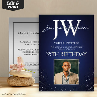 Custom Initials Elegant Birthday Blue Silver Einladung