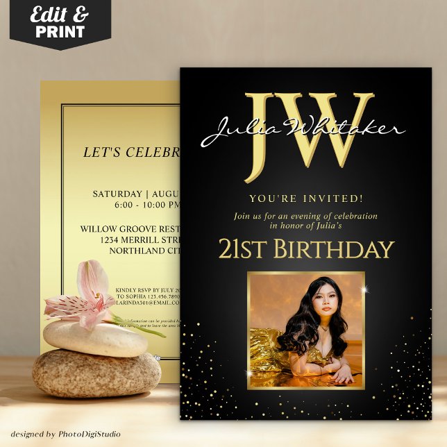 Custom Initials Elegant Black Gold 21. Geburtstag Einladung (Custom Initials Elegant Black Gold 21st Birthday Invitation)