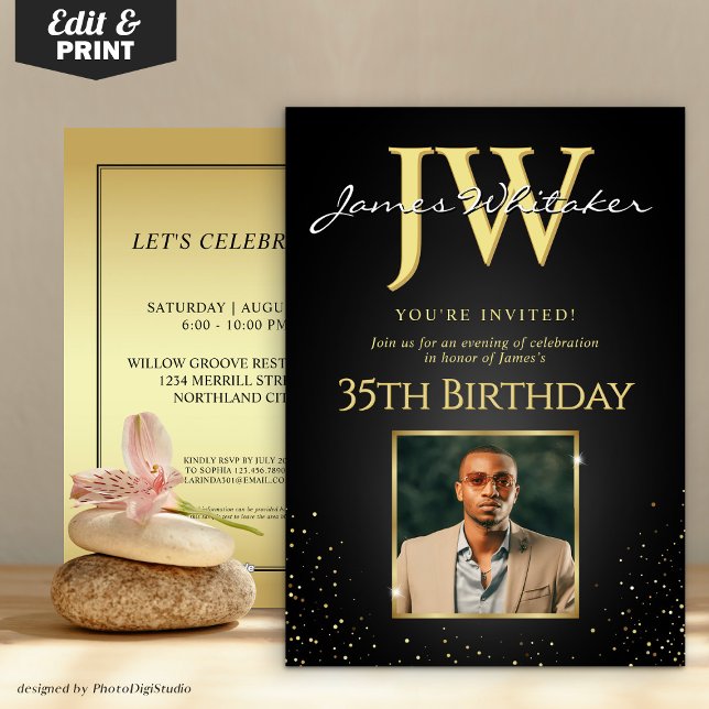 Custom Initials Elegant Black Gold 35. Geburtstag Einladung (Custom Initials Elegant Black Gold 35th Birthday Invitation)
