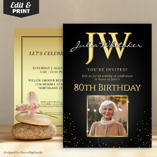 Custom Initials Elegant Black Gold 80. Geburtstag Einladung