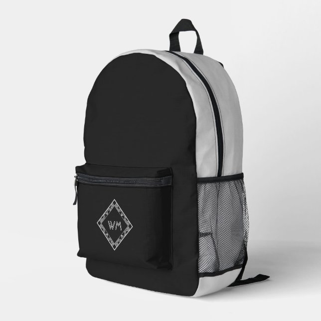 Custom Initials Elegante Manly Black Chic Art Deco Bedruckter Rucksack (Rückseitige Ecke Rechts)