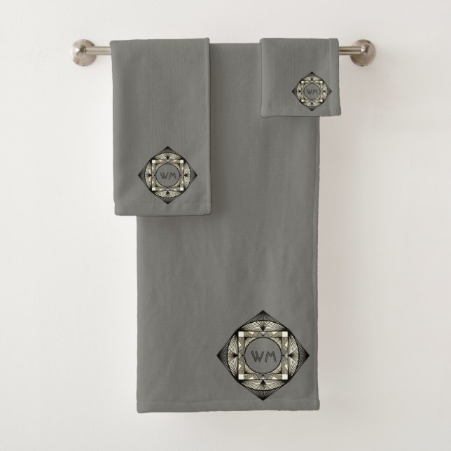 Custom Initials Elegante Manly Gray Chic Art Deco Badhandtuch Set (Insitu)