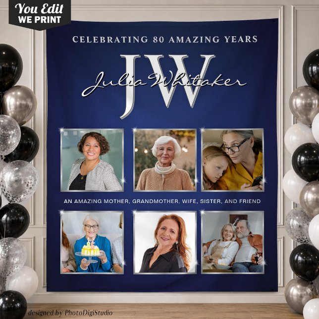 Custom Initials Geburtstag Banner Blue Silver Wandteppich (Custom Initials Birthday Banner Blue Silver Tapestry)