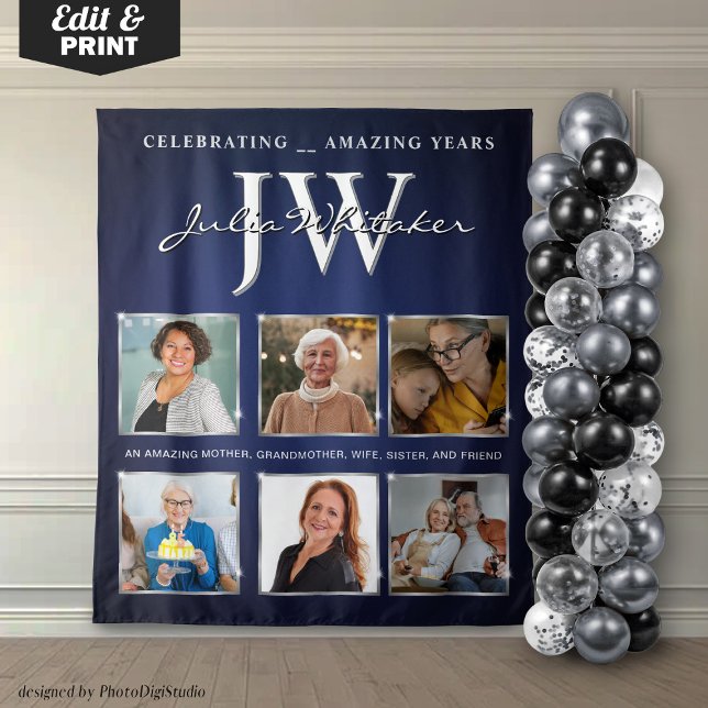 Custom Initials Geburtstag Banner Blue Silver Wandteppich (Custom Initials Birthday Banner Blue Silver Tapestry)